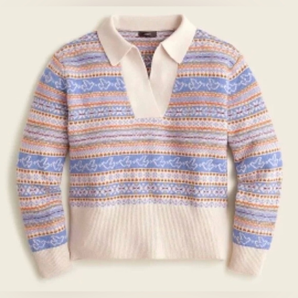 Women’s J.Crew Fair Isle Lambswool Blend Print Beige Collared Preppy Sweater‎ L. - Picture 2 of 8
